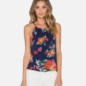 Joie floral silk halter top, ladies small blue & multicolor flowers sleeveless